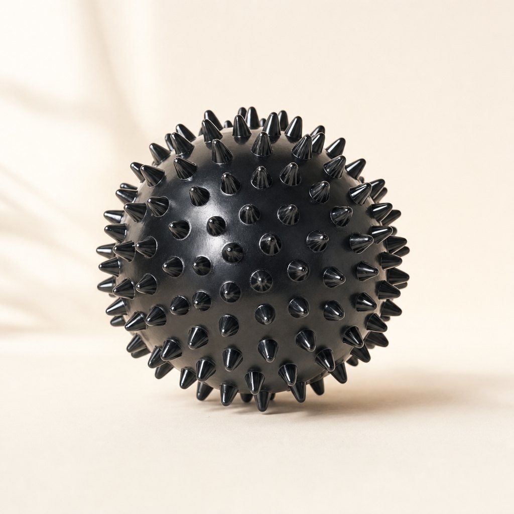 Black spiky massage ball, about 3 inches wide