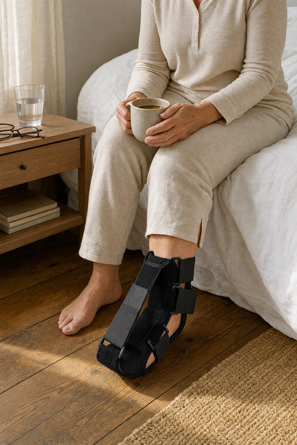 Sitting on the edge of the bed with morning coffee, wearing the Dawnstep soft night splint