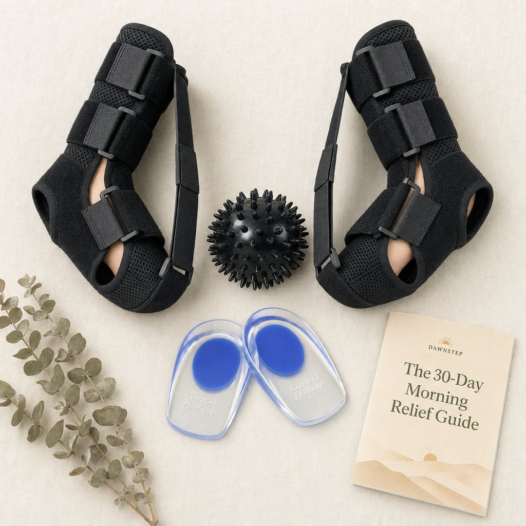 Both Feet Kit flat lay: two soft night splints, gel heel cups, massage ball and the 30-Day Morning Relief Guide
