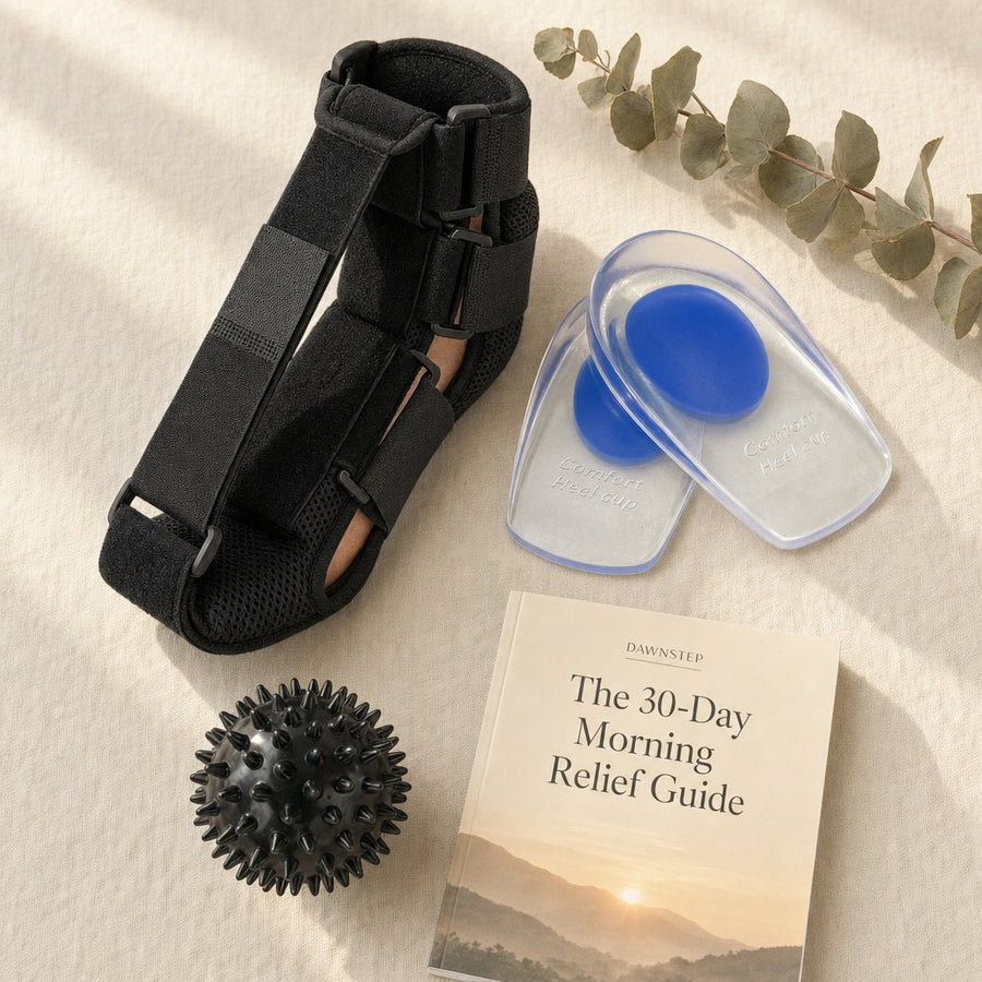 Morning Relief Kit flat lay: soft night splint, gel heel cups, massage ball and the 30-Day Morning Relief Guide