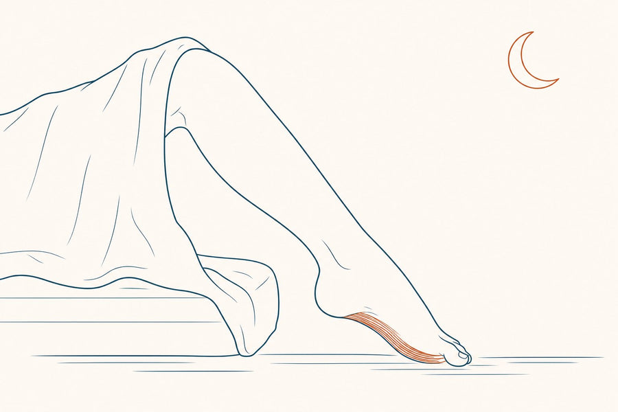 Illustration: overnight the foot points down and the plantar fascia rests in a shortened position