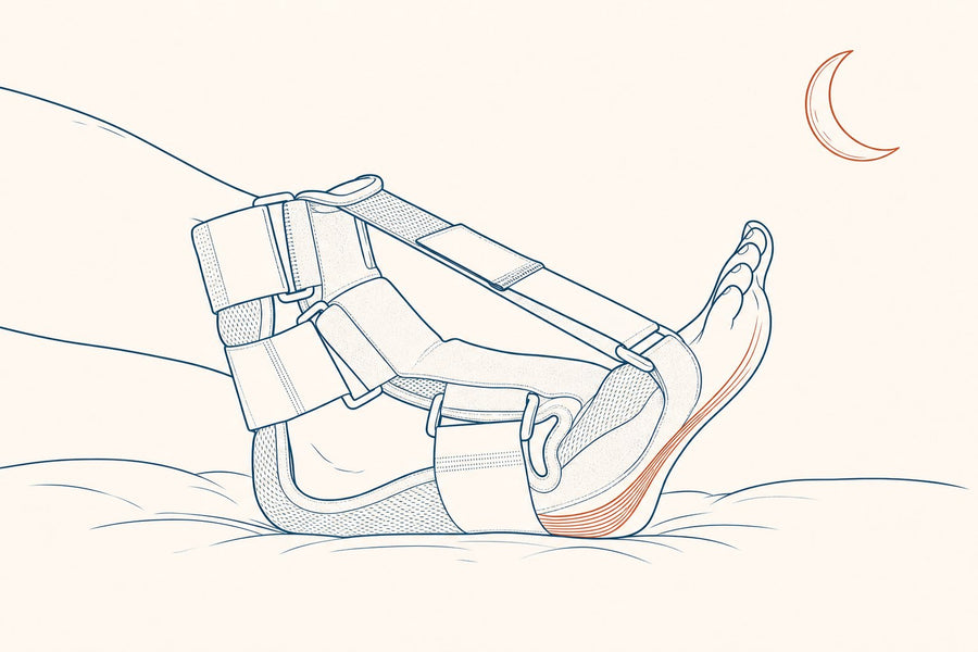 Illustration: a night splint holds the foot at a gentle angle so the tissue stays lengthened overnight