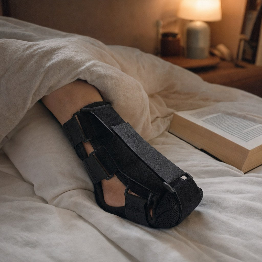 Soft night splint worn in bed at night next to an open book