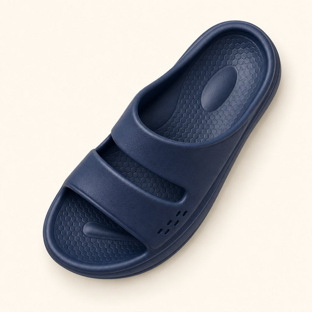 Recovery slide footbed with contoured arch, deep heel cup and textured nubs