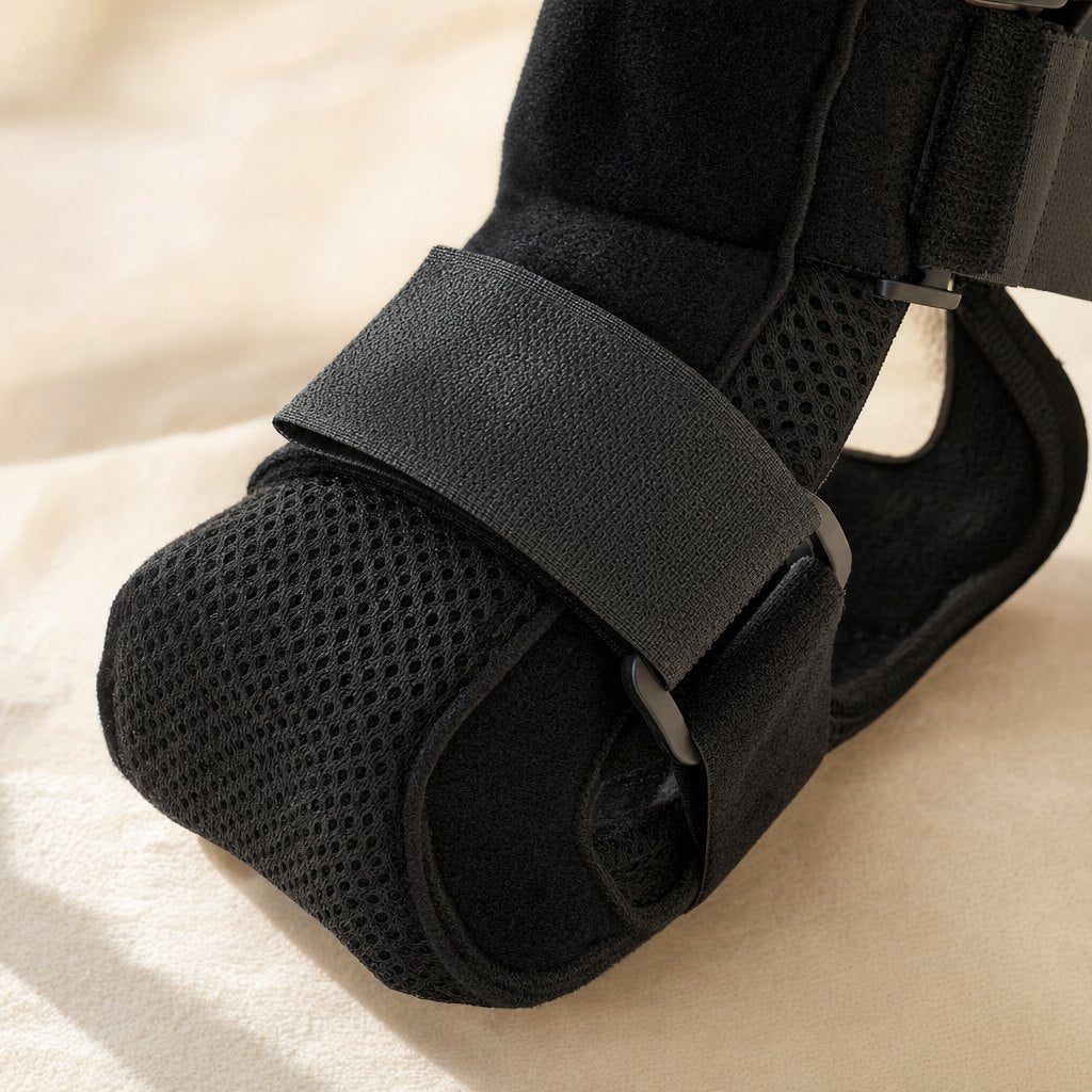 Close-up of the soft night splint: plush outer shell, breathable mesh lining and hook-and-loop strap